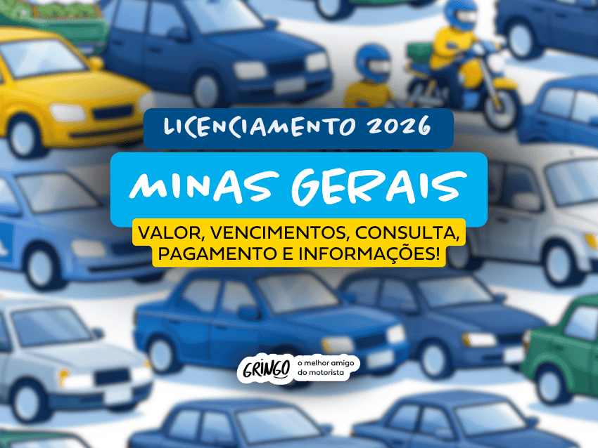 Ilustração com vários carros, motos, caminhões e ônibus coloridos ao fundo, em estilo desenho, destacando o título que diz “Licenciamento 2026 MINAS GERAIS”, acompanhado de “Valor, vencimentos, consulta, pagamento e informações!”.