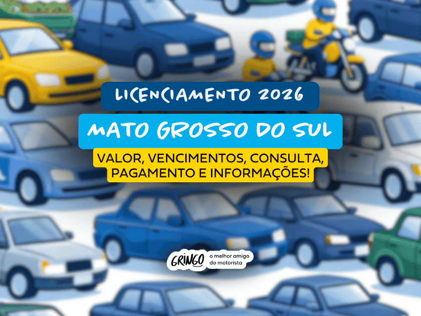 Ilustração com vários carros, motos, caminhões e ônibus coloridos ao fundo, em estilo desenho, destacando o título que diz “Licenciamento 2026 MATO GROSSO DO SUL”, acompanhado de “Valor, vencimentos, consulta, pagamento e informações!”.
