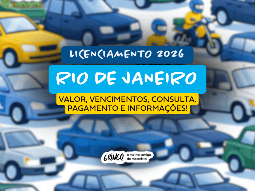Ilustração com vários carros, motos, caminhões e ônibus coloridos ao fundo, em estilo desenho, destacando o título que diz “Licenciamento 2026 RIO DE JANEIRO”, acompanhado de “Valor, vencimentos, consulta, pagamento e informações!”.