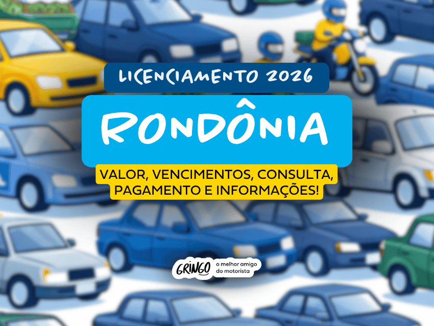 Ilustração com vários carros, motos, caminhões e ônibus coloridos ao fundo, em estilo desenho, destacando o título que diz “Licenciamento 2026 RONDÔNIA”, acompanhado de “Valor, vencimentos, consulta, pagamento e informações!”.