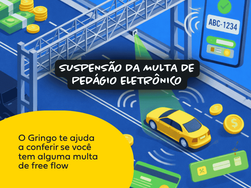 Ilustração de carro passando por pedágio eletrônico com sensores e leitura automática de placa, destacando a suspensão da multa de free flow por 200 dias em rodovia com cobrança digital automática.