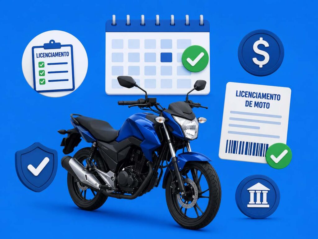 Ilustração de uma motocicleta cercada por calendário, documentos, símbolos de pagamento e ícones de regularização. A imagem representa o licenciamento de moto e destaca a importância de manter a documentação atualizada para circular dentro da legislação de trânsito.