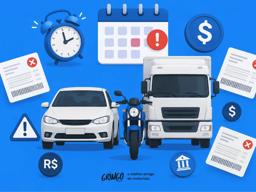 Ilustração com carro, motocicleta e caminhão cercados por calendário, documentos, símbolos de pagamento e alerta. A imagem representa a taxa de licenciamento e reforça a importância de manter a documentação do veículo em dia para circular regularmente.