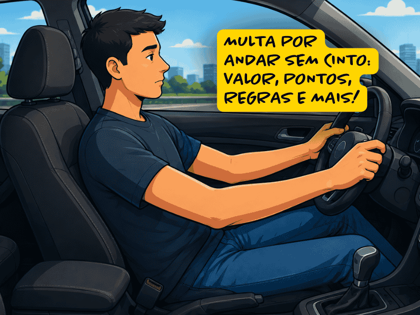 Ilustração de motorista dirigindo sem utilizar o cinto de segurança, acompanhada de destaque informativo sobre multa sem cinto, incluindo regras, pontuação na CNH e penalidades aplicadas pela legislação de trânsito brasileira.
