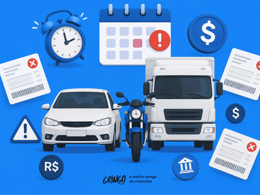 Ilustração sobre débitos veiculares vencidos, com carro, moto e caminhão em destaque sobre fundo azul, acompanhados de calendário, relógio, ícones de dinheiro, documentos pendentes e símbolos de alerta, representando atrasos em impostos, multas e taxas de veículos.