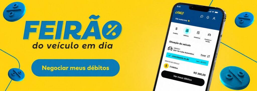 Banner do Feirão do Veículo em Dia com fundo amarelo, texto em destaque e smartphone exibindo aplicativo de consulta de débitos veiculares, além de botão “Negociar meus débitos” e ícones de porcentagem, representando descontos e regularização de pendências do veículo.