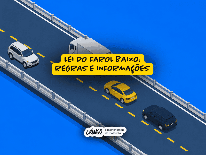 Ilustração sobre a Lei do Farol Baixo mostrando uma rodovia de pista dupla com quatro veículos, incluindo carros e um caminhão, em diferentes faixas de circulação, acompanhada do título “Lei do Farol Baixo: Regras e Informações” sobre fundo azul.