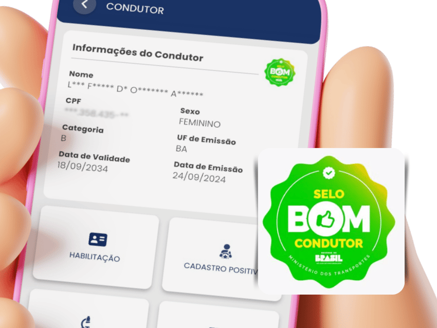 Print do selo bom condutor no app CNH do brasil exibindo a tela de informações do condutor em um smartphone, com dados da CNH digital, categoria B, validade e destaque para o selo verde “Bom Condutor” do Ministério dos Transportes.