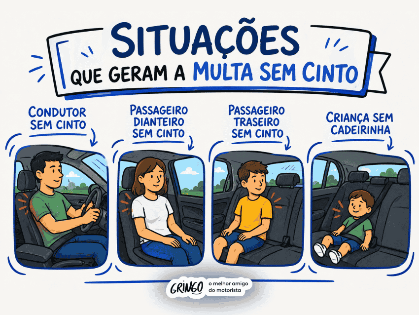 Infográfico ilustrado sobre multa sem cinto, mostrando quatro situações que geram infração de trânsito: condutor sem cinto, passageiro dianteiro sem cinto, passageiro traseiro sem cinto e criança transportada sem cadeirinha dentro de um veículo.