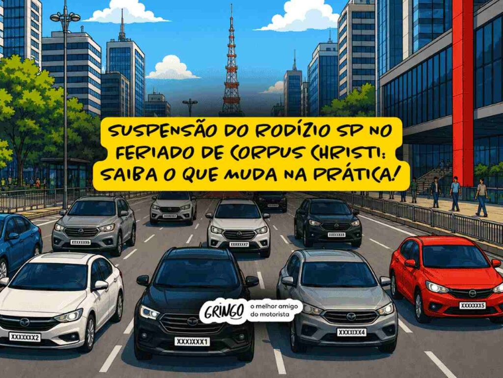 Banner ilustrativo sobre a suspensão do Rodízio SP durante o feriado de Corpus Christi, com trânsito urbano intenso, veículos em múltiplas faixas e mensagem central destacada que diz: SUSPENSÃO DO RODÍZIO SP NO FERIADO DE CORPUS CHRISTI: SAIBA O QUE MUDA NA PRÁTICA!