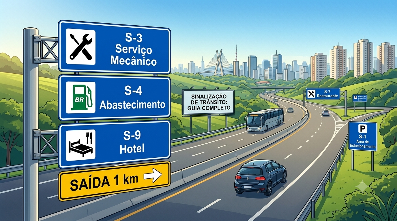 Entenda o que são placas de serviços auxiliares, como identificar as placas azuis e veja exemplos de serviços indicados nas vias.