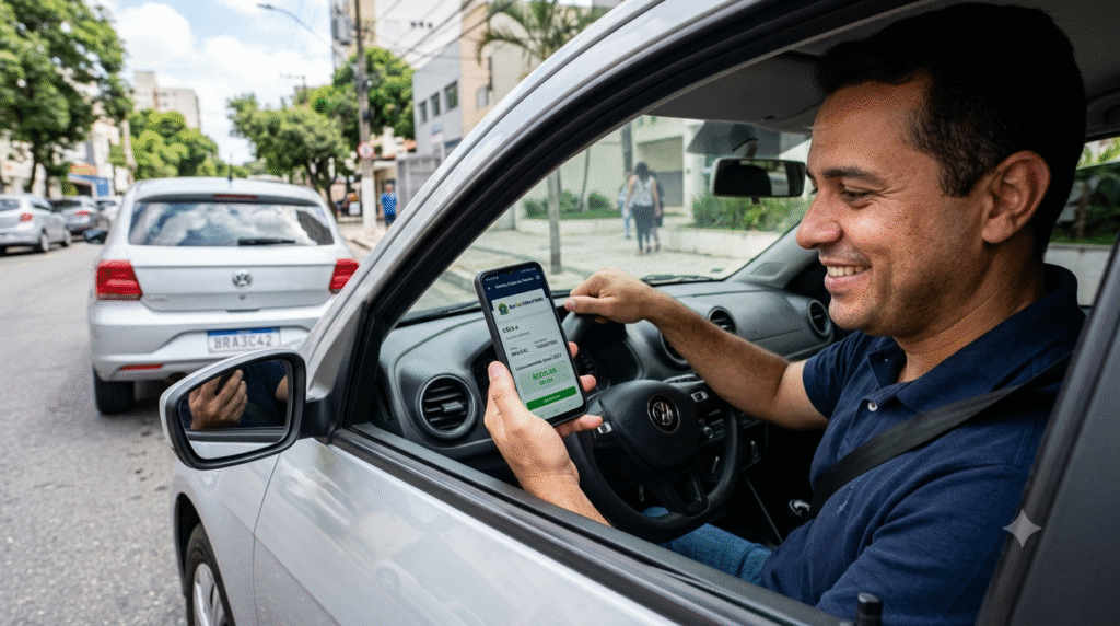 Motorista consulta o CRLV-e e multa por licenciamento atrasado do veículo pelo celular.