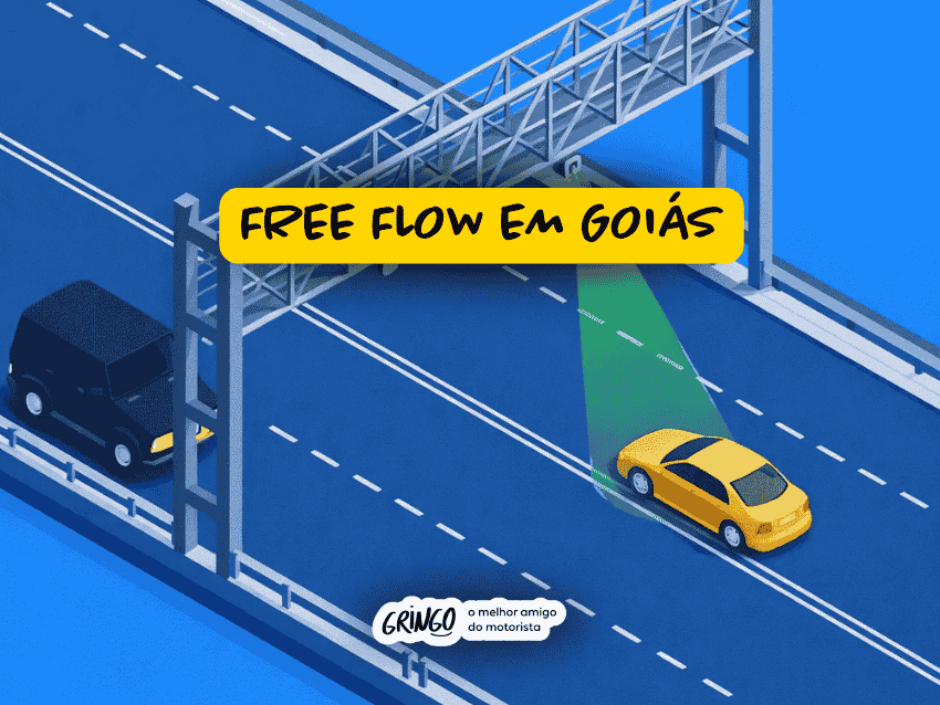 Ilustração de rodovia com pórtico de pedágio eletrônico Free Flow em Goiás, mostrando um carro amarelo sendo identificado por sensor enquanto outro veículo trafega na pista ao lado, destacando a cobrança automática.