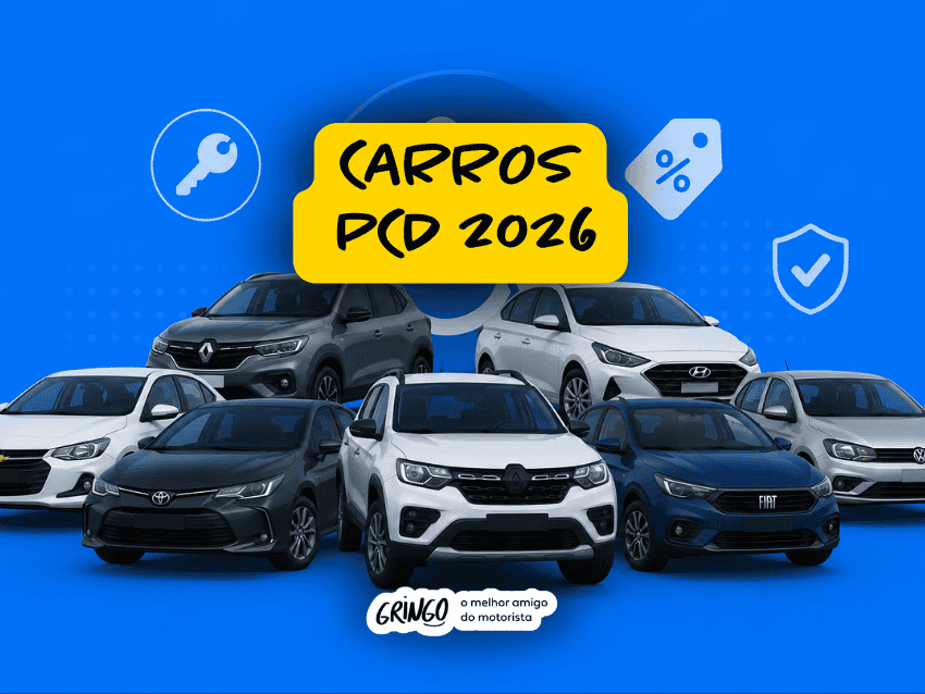 Imagem sobre carros PCD 2026 com diferentes modelos de veículos reunidos em fundo azul, acompanhados de ícones de desconto, chave e segurança, representando opções de automóveis com benefícios fiscais e condições especiais para pessoas com deficiência.