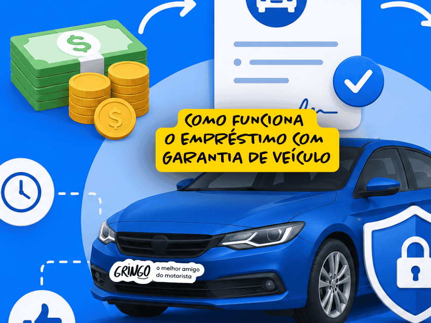 Ilustração explicativa sobre como funciona o empréstimo com garantia de veículo, mostrando carro azul, contrato, dinheiro, moedas, ícones de segurança, aprovação e prazo, representando o processo de obtenção de crédito utilizando o veículo como garantia.