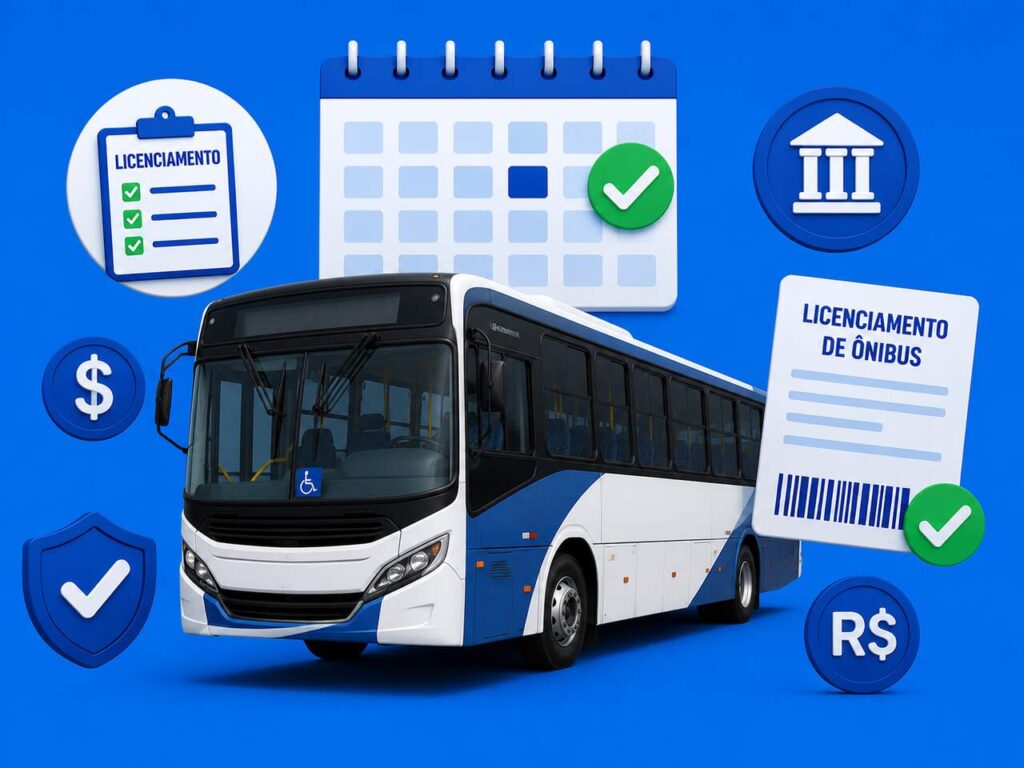 Ilustração de um ônibus cercado por calendário, documentos, símbolos de pagamento e ícones de regularização. A imagem representa o licenciamento de ônibus e destaca a importância de manter a documentação atualizada para garantir a circulação dentro das normas de trânsito.
