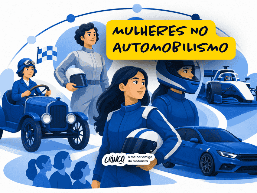 Ilustração com mulheres representando diferentes épocas do automobilismo, ao lado de carros de corrida clássicos e modernos. A imagem destaca a evolução e a importância das mulheres no automobilismo, evidenciando sua presença histórica e atual nas pistas.