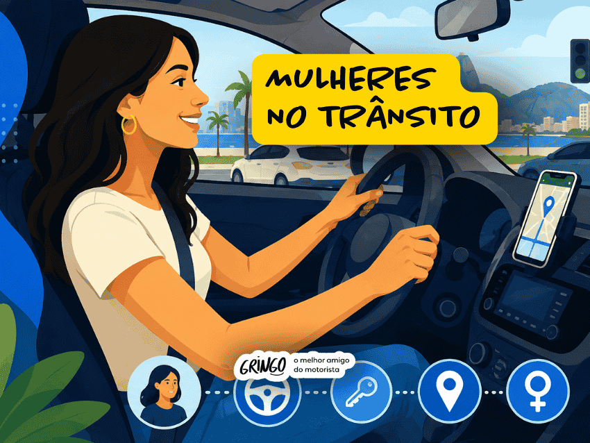 Ilustração de uma mulher dirigindo com segurança em área urbana, utilizando cinto de segurança e aplicativo de navegação no painel. A imagem destaca a presença e a autonomia das mulheres no trânsito, reforçando sua participação ativa na mobilidade urbana.