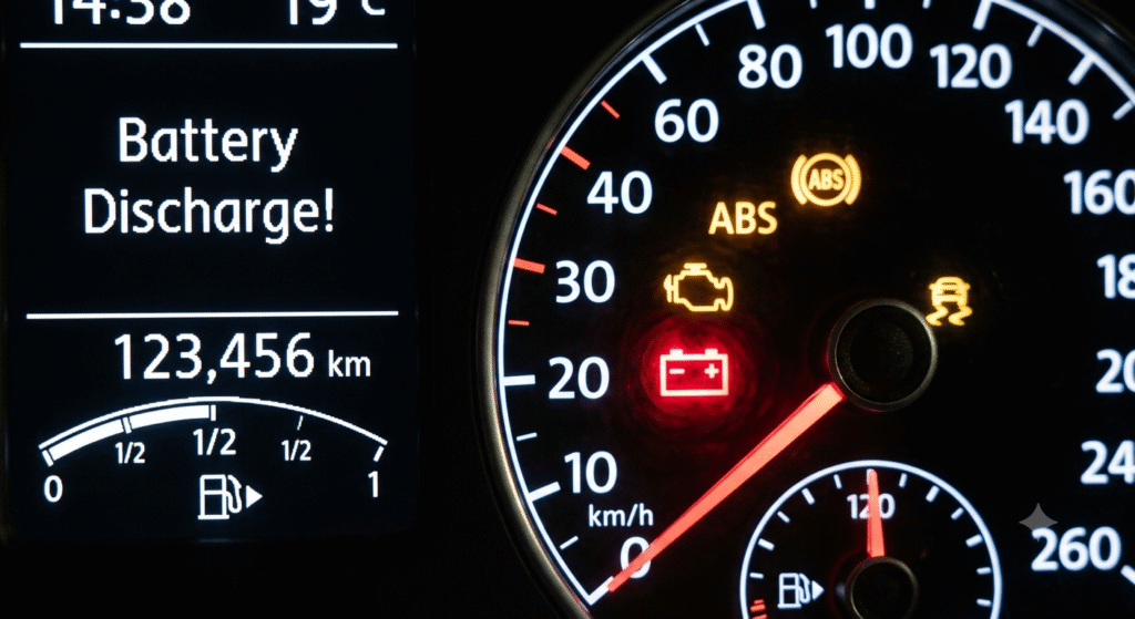 gere uma imagem com a luz da bateria acesa no painel do carro