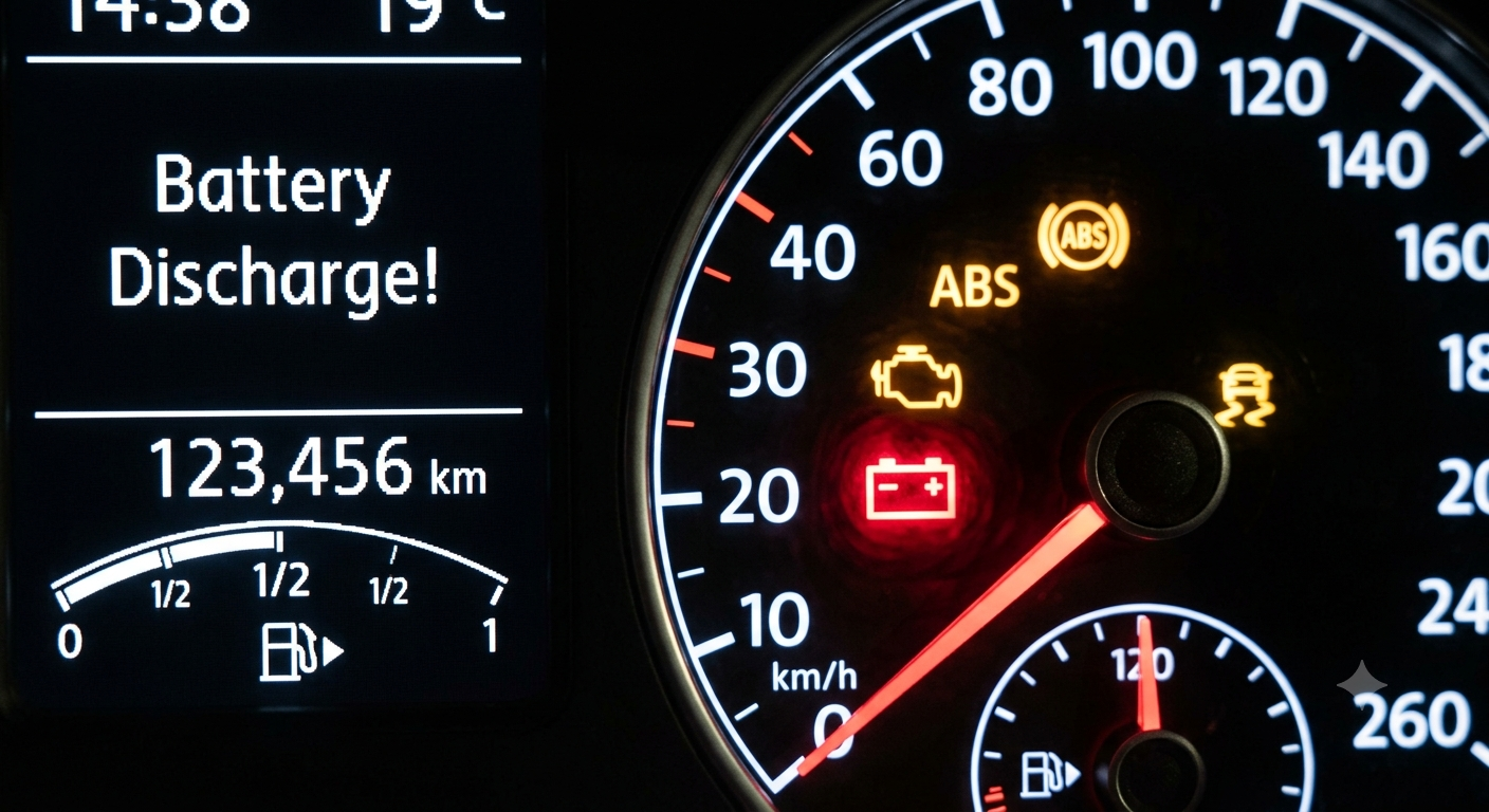 gere uma imagem com a luz da bateria acesa no painel do carro