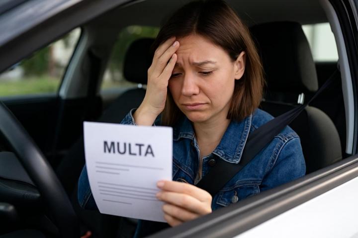 Motorista preocupada consulta uma notificação de multa dentro do carro, representando um débito de trânsito pendente de regularização.
