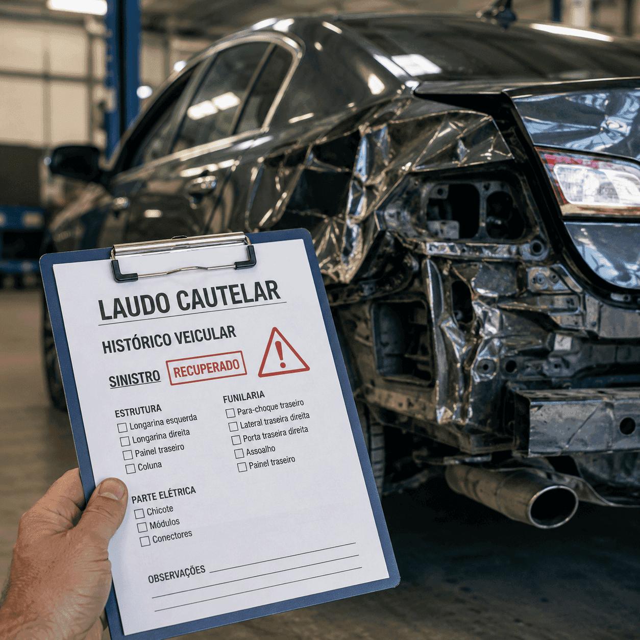 Laudo cautelar diante de um carro danificado, representando a avaliação de um veículo recuperado de sinistro antes da compra.