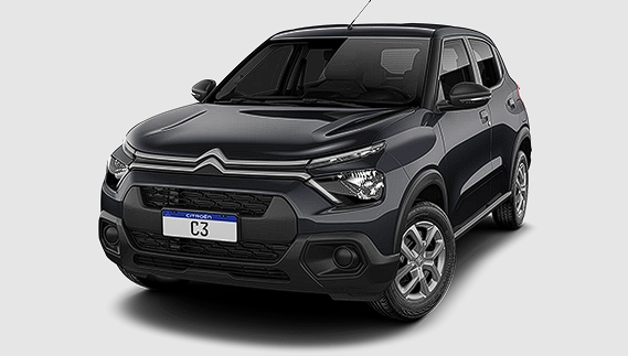 Citroën C3 visto de frente e de lado, destacando a carroceria compacta e os elementos de estilo SUV.