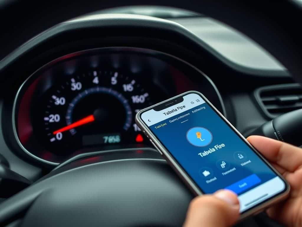 Motorista consulta o valor de um veículo na Tabela FIPE pelo celular dentro do carro.