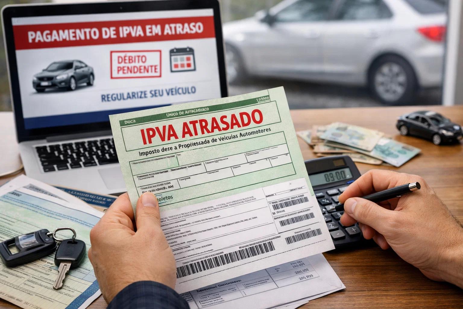 Pessoa segura cobrança de IPVA atrasado diante de notebook com aviso de débito pendente e chave do carro sobre a mesa.