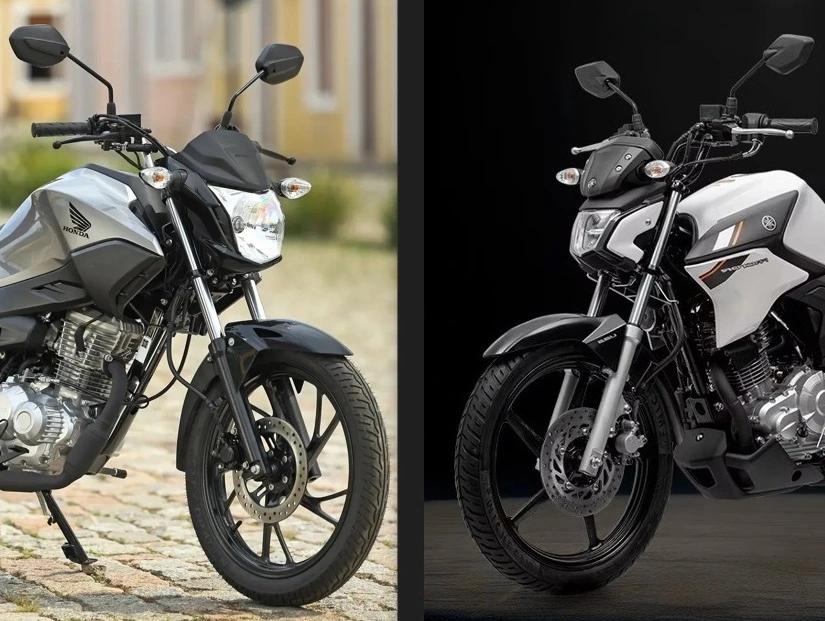 Honda CG e Yamaha Factor lado a lado, representando modelos usados de motos Honda e Yamaha encontrados por até 10 mil reais.