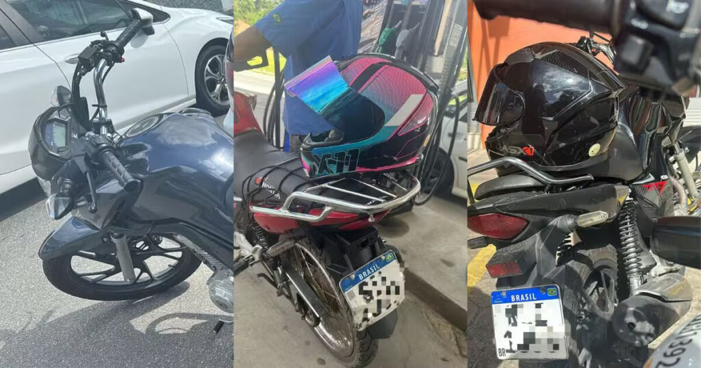 Motocicletas sem retrovisores durante fiscalização de trânsito, irregularidade sujeita a multa e retenção para regularização.