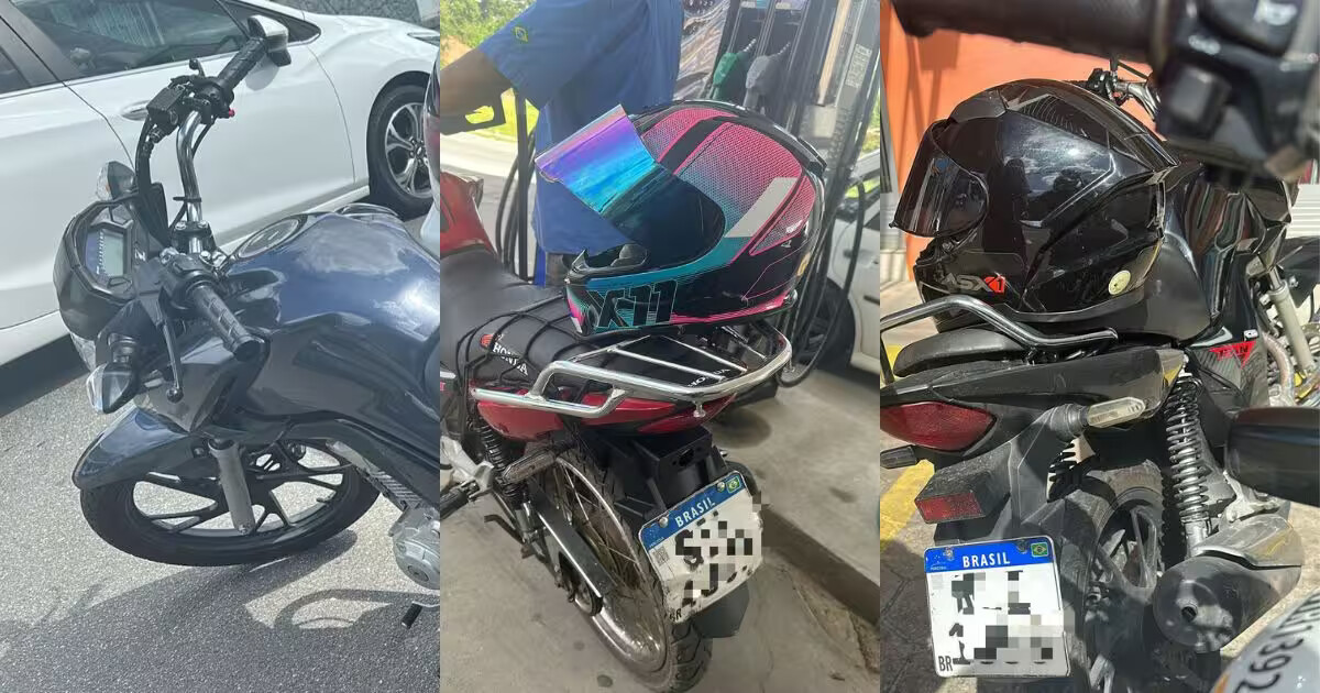 Motocicletas sem retrovisores durante fiscalização de trânsito, irregularidade sujeita a multa e retenção para regularização.