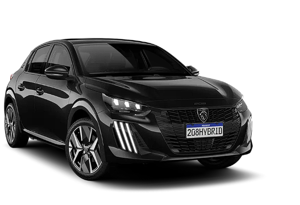 Peugeot 208 visto em perspectiva dianteira, destacando os faróis verticais e o formato compacto.