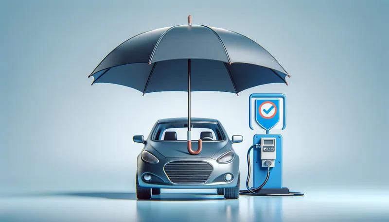Carro elétrico e estação de recarga protegidos por um guarda-chuva, representando o seguro para veículos elétricos.