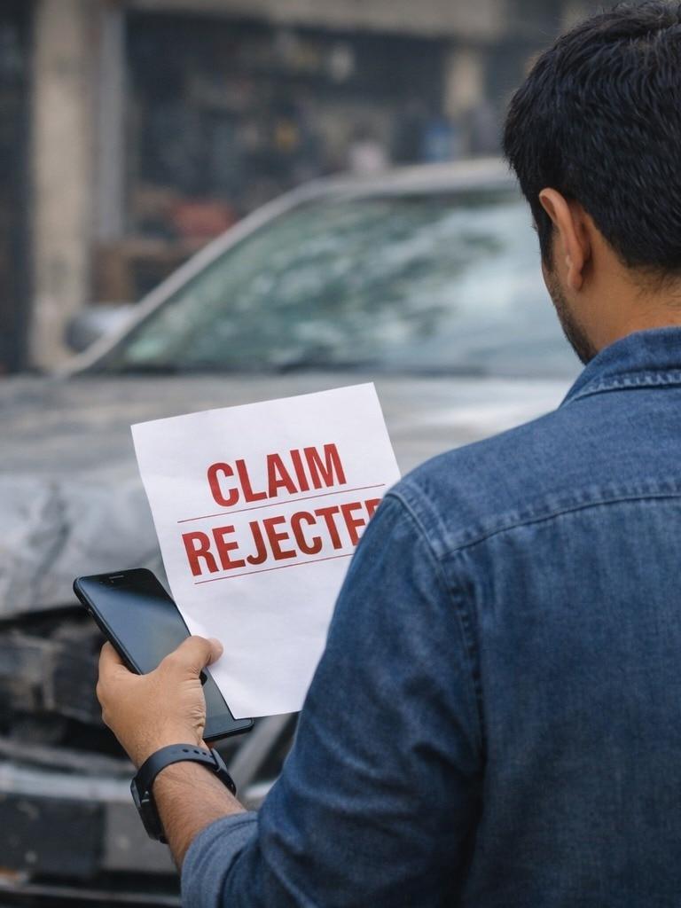 Motorista recebe a negativa de indenização do seguro diante de um carro danificado após um sinistro.
